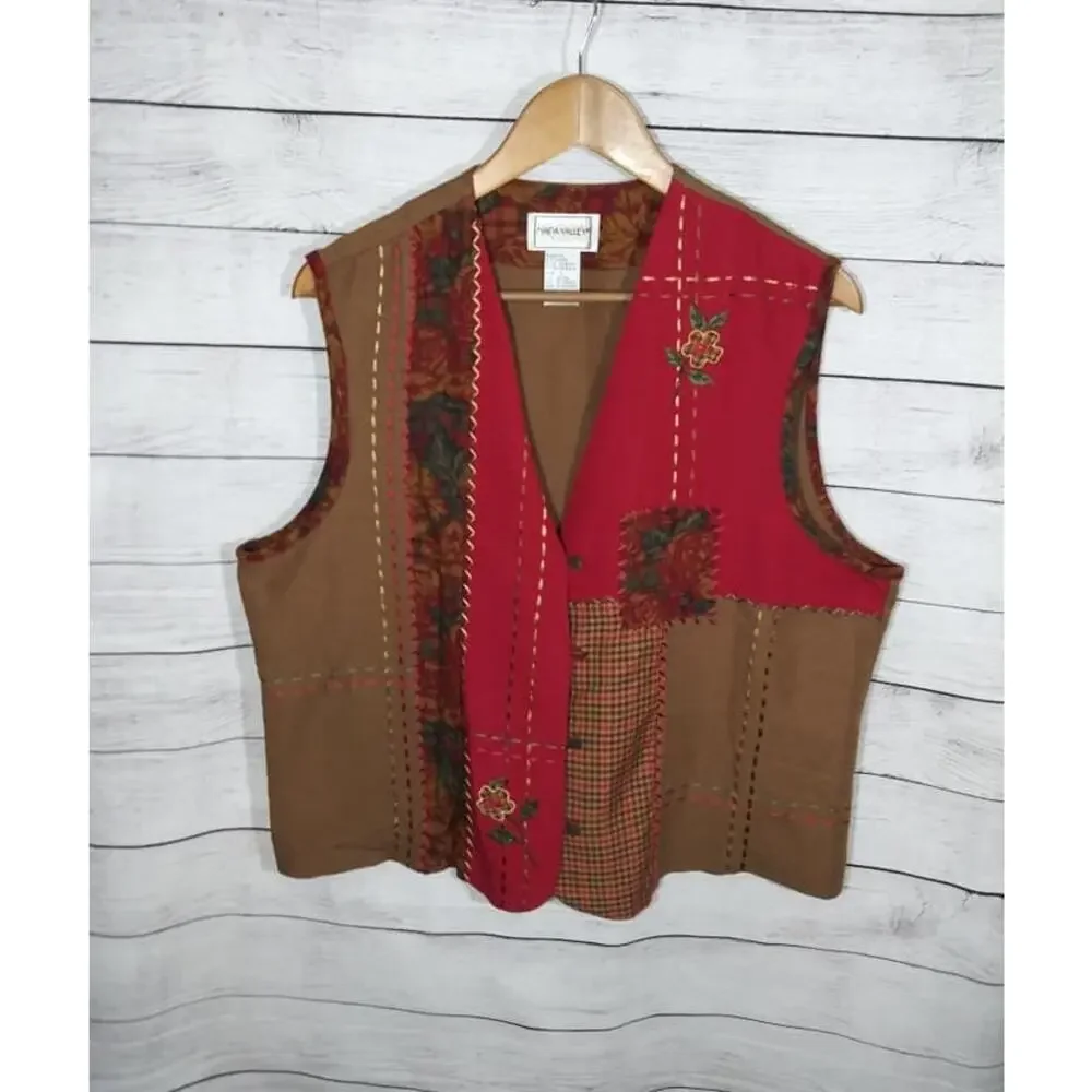 Vintage Napa Valley Brown Red Patchwork Cottage Core Button Front Vest Sz Large
